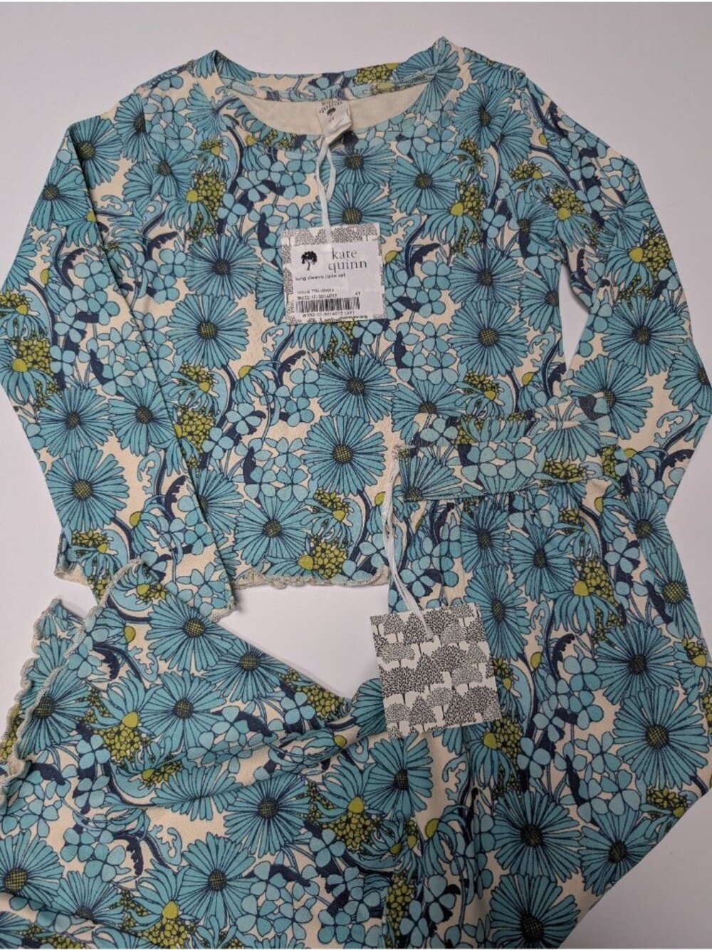 Kate Quinn Organic Cotton Long Sleeve Jade Set 6Y Aqua 70s Daisy Floral